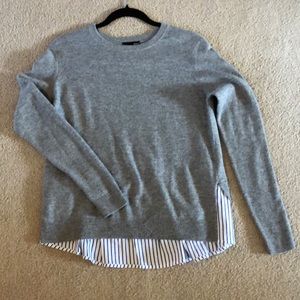 Aqua Cashmere grey crew neck sweater with built in striped shirt underneath